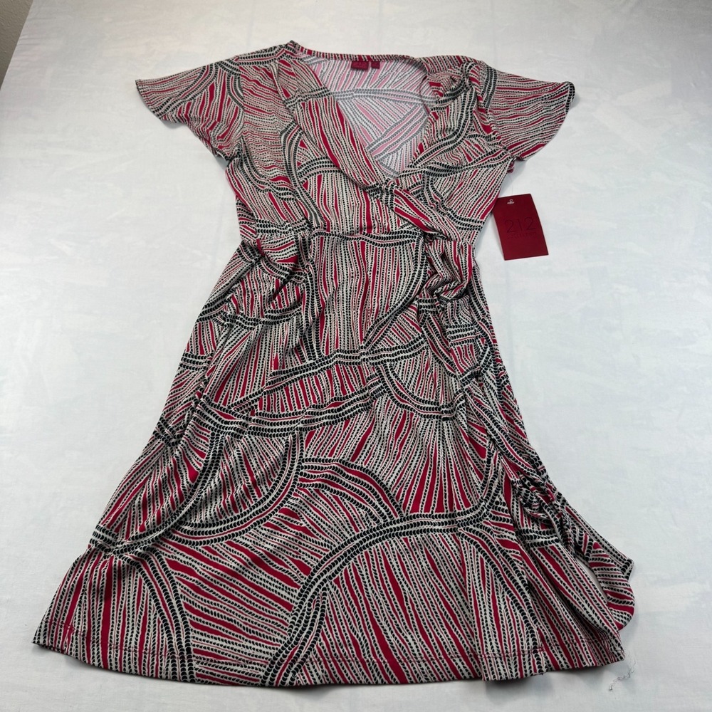 NWT 212 Collection Wrap Dress Womens M Red Black Geometric Stretch Short Sleeve